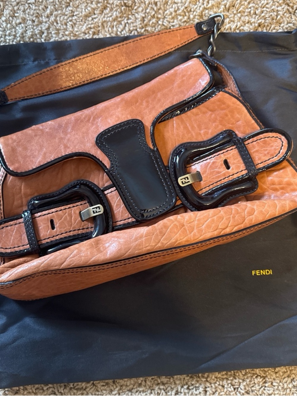 Fendi Brown Pebbled Leather Buckle Shoulder Bag Y2K Italy - Picture 2 of 11